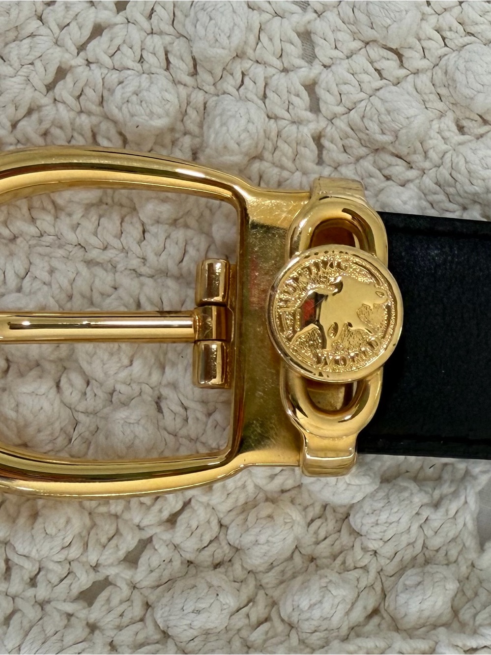 VINTAGE Hunting World Italy Black Leather Gold Elephant Buckle Belt Luxury.